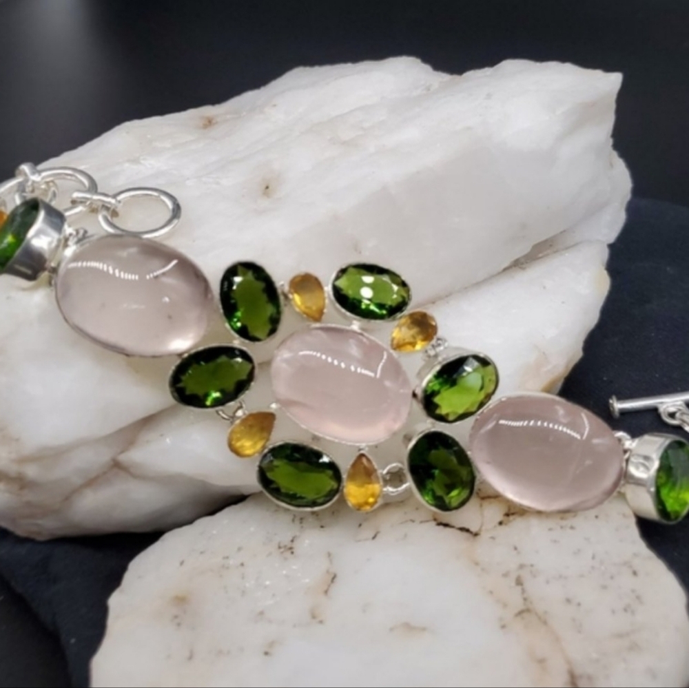 Genuine Rose Quartz Peridot Lemon Quartz Rhodium/925 Silver Bracelet